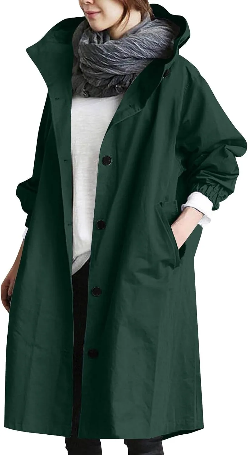 Women's Rain Jacket Lightweight Raincoat Hooded Windbreaker Trench Coat Fleece Hooded Long Softshell Rain Jacket