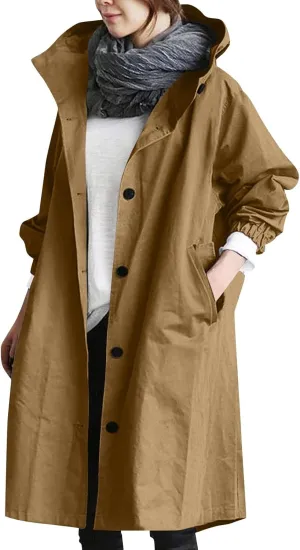 Women's Rain Jacket Lightweight Raincoat Hooded Windbreaker Trench Coat Fleece Hooded Long Softshell Rain Jacket