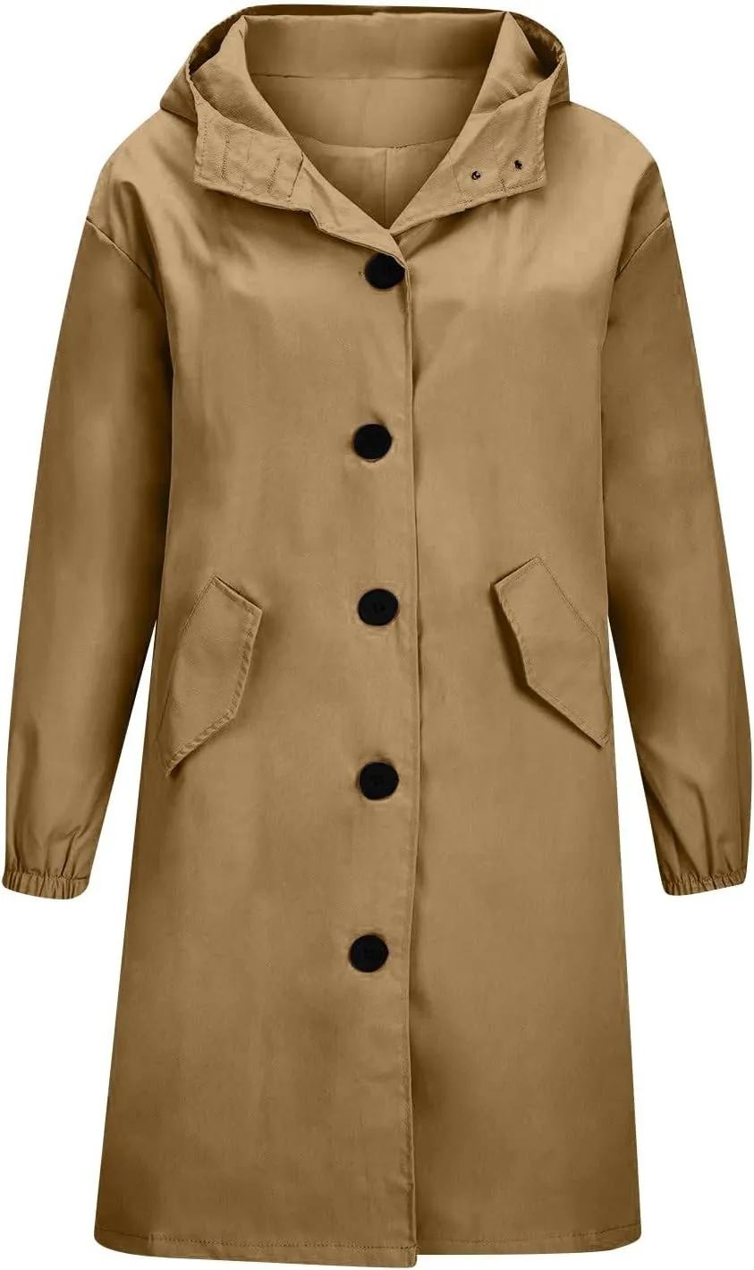 Women's Rain Jacket Lightweight Raincoat Hooded Windbreaker Trench Coat Fleece Hooded Long Softshell Rain Jacket