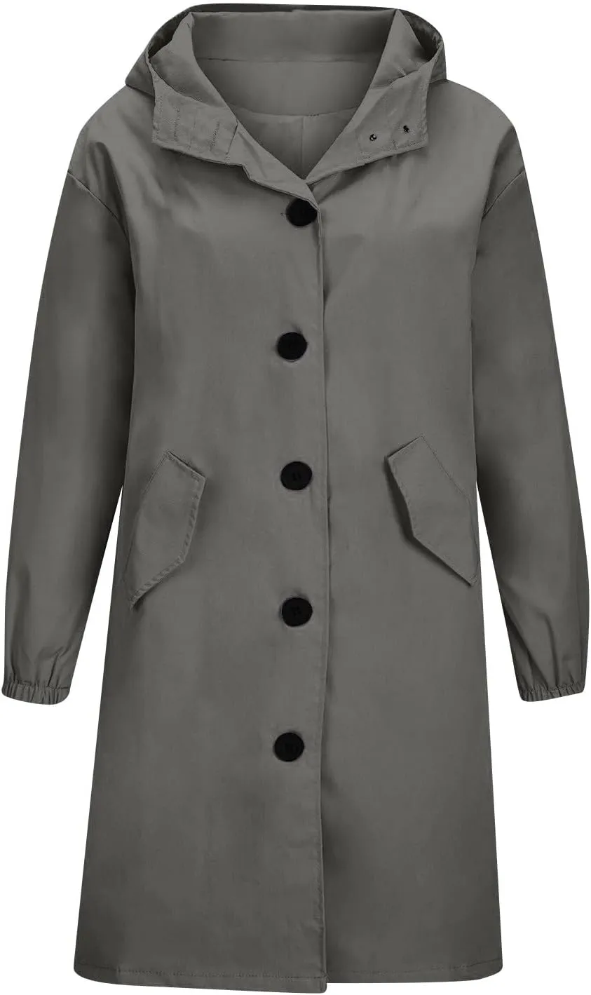 Women's Rain Jacket Lightweight Raincoat Hooded Windbreaker Trench Coat Fleece Hooded Long Softshell Rain Jacket