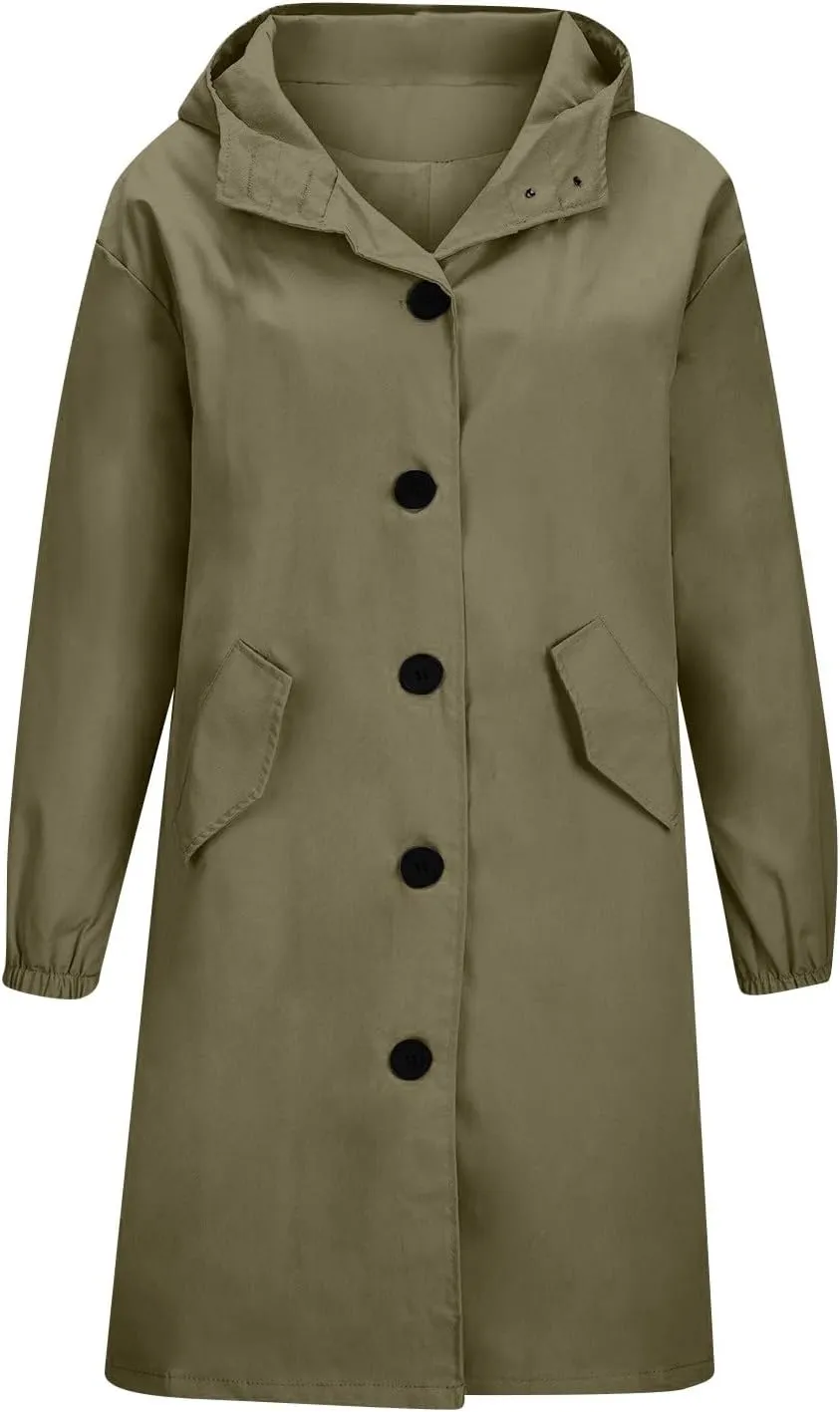 Women's Rain Jacket Lightweight Raincoat Hooded Windbreaker Trench Coat Fleece Hooded Long Softshell Rain Jacket