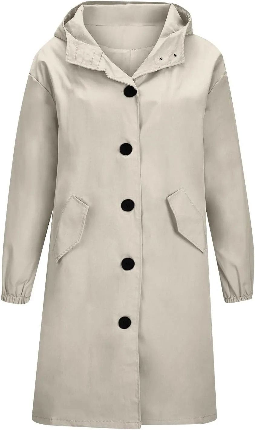 Women's Rain Jacket Lightweight Raincoat Hooded Windbreaker Trench Coat Fleece Hooded Long Softshell Rain Jacket