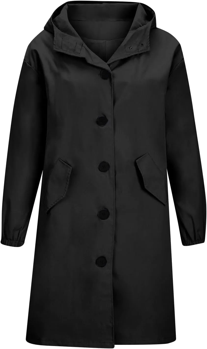 Women's Rain Jacket Lightweight Raincoat Hooded Windbreaker Trench Coat Fleece Hooded Long Softshell Rain Jacket