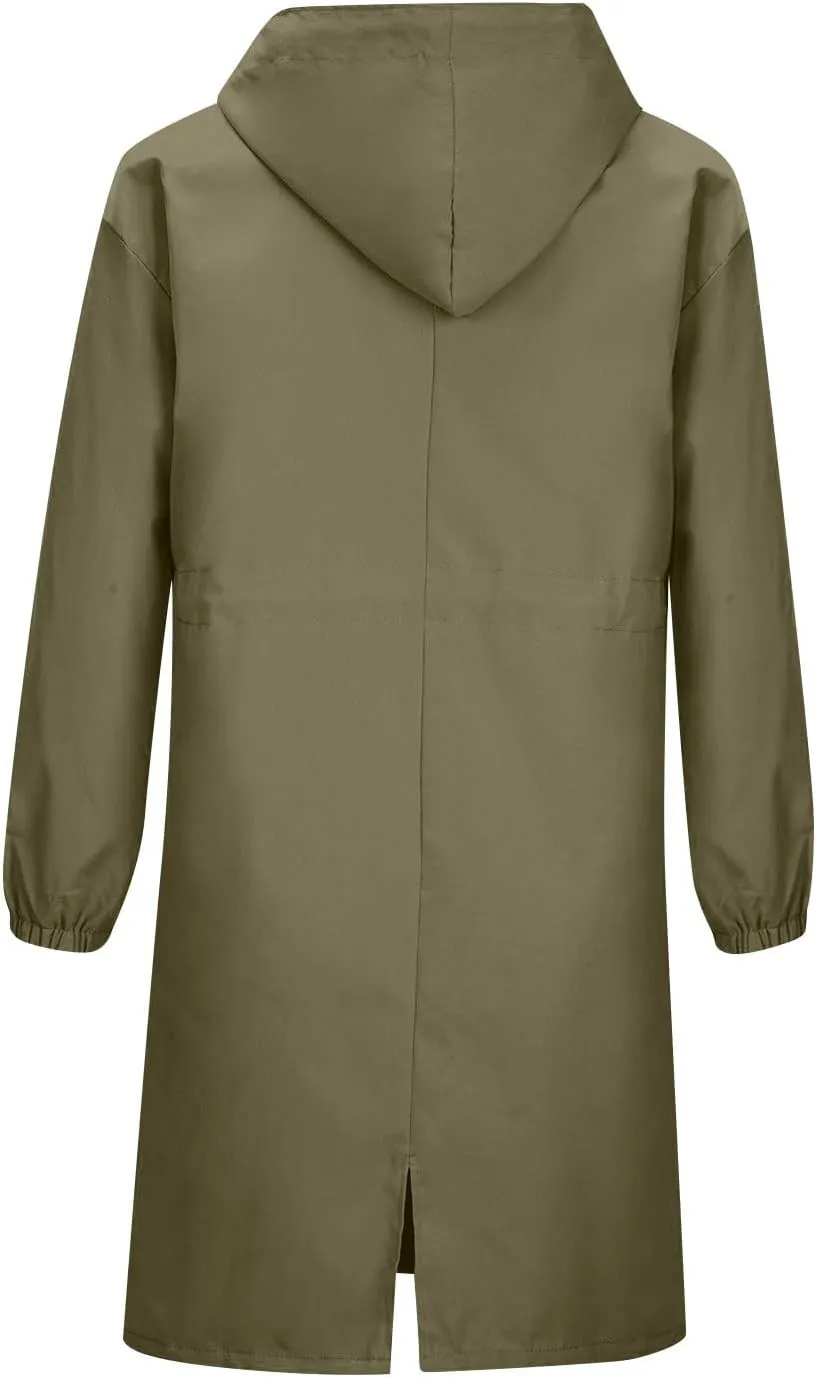Women's Rain Jacket Lightweight Raincoat Hooded Windbreaker Trench Coat Fleece Hooded Long Softshell Rain Jacket