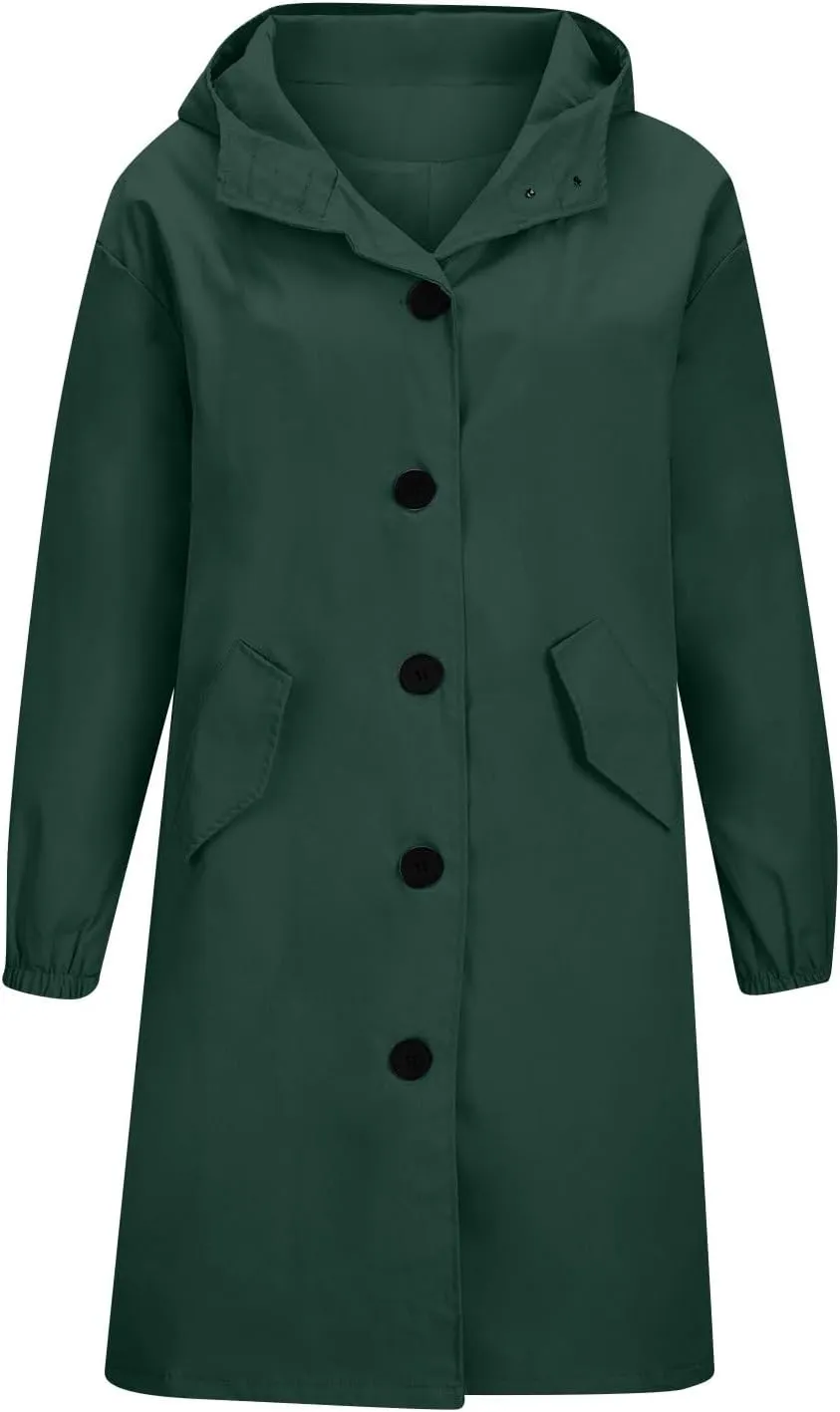 Women's Rain Jacket Lightweight Raincoat Hooded Windbreaker Trench Coat Fleece Hooded Long Softshell Rain Jacket