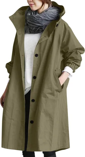 Women's Rain Jacket Lightweight Raincoat Hooded Windbreaker Trench Coat Fleece Hooded Long Softshell Rain Jacket
