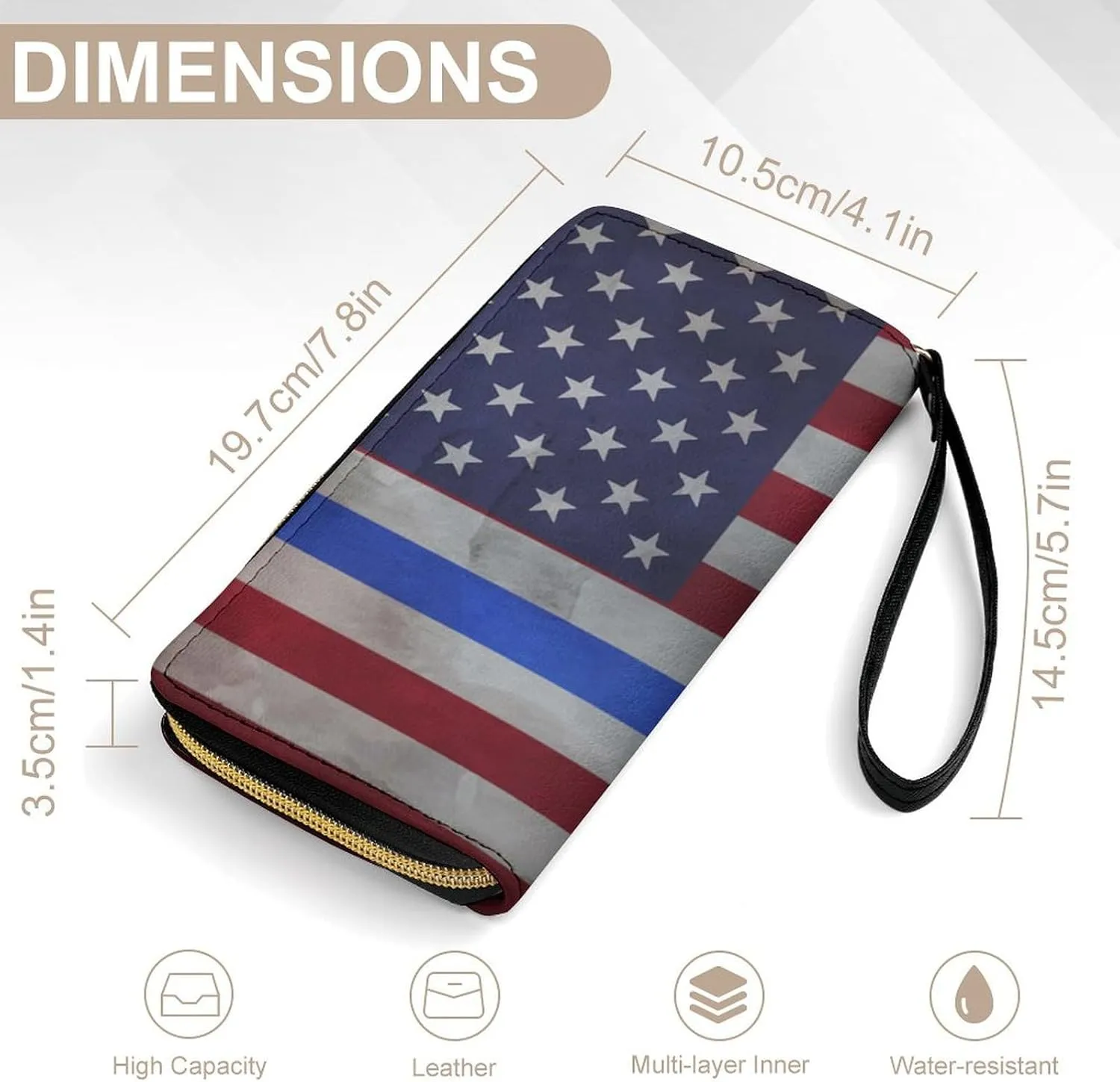 Women's Retro Vintage American Flag Red Blue Line Flag PU Leather Clutch with Wristlet, 7.8x4.1x1.4 Inch Compact Wallet for Daily Essentials, Fashionable and Functional Design
