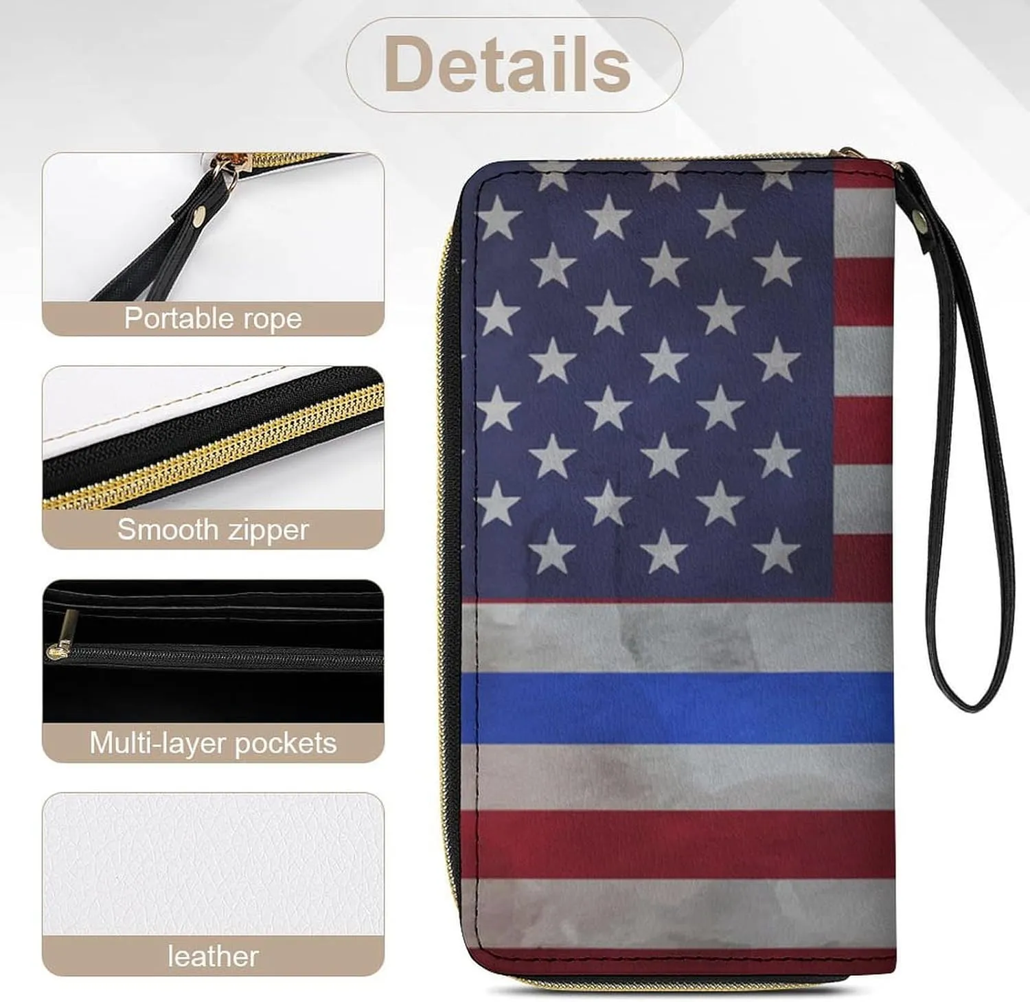 Women's Retro Vintage American Flag Red Blue Line Flag PU Leather Clutch with Wristlet, 7.8x4.1x1.4 Inch Compact Wallet for Daily Essentials, Fashionable and Functional Design