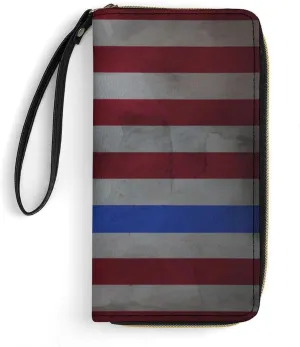 Women's Retro Vintage American Flag Red Blue Line Flag PU Leather Clutch with Wristlet, 7.8x4.1x1.4 Inch Compact Wallet for Daily Essentials, Fashionable and Functional Design