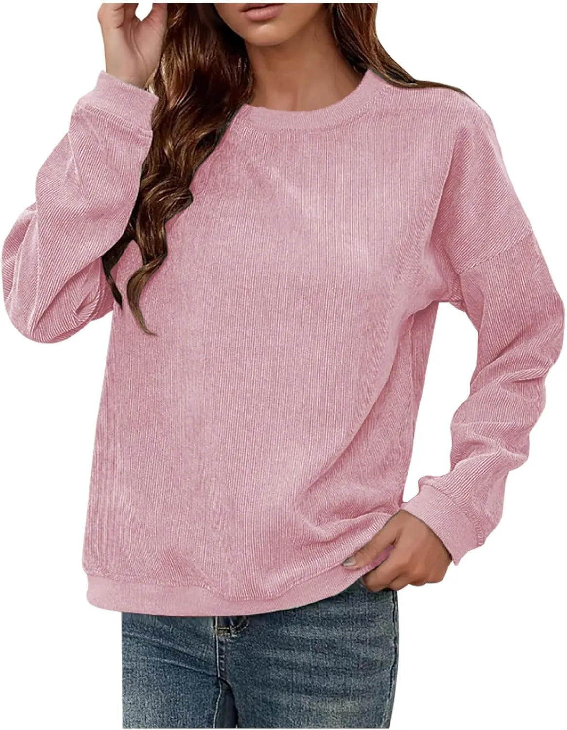Women's Ribbed Casual Sweatshirts Crew Neck Hoodie Long Sleeve Pullover Top Y2K Loose Trendy Fall Clothes