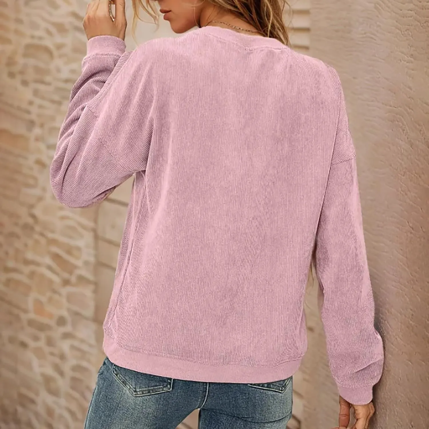 Women's Ribbed Casual Sweatshirts Crew Neck Hoodie Long Sleeve Pullover Top Y2K Loose Trendy Fall Clothes