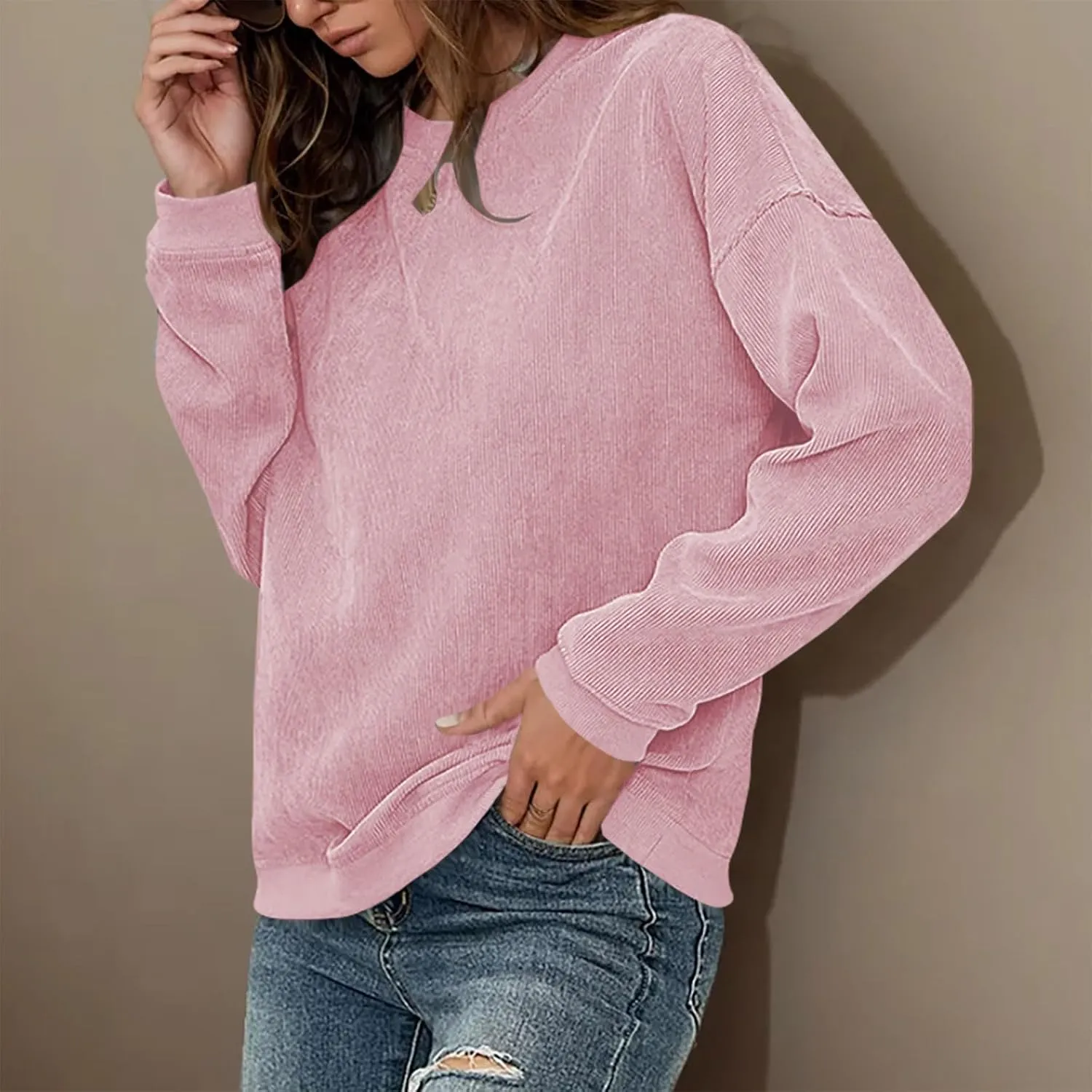 Women's Ribbed Casual Sweatshirts Crew Neck Hoodie Long Sleeve Pullover Top Y2K Loose Trendy Fall Clothes