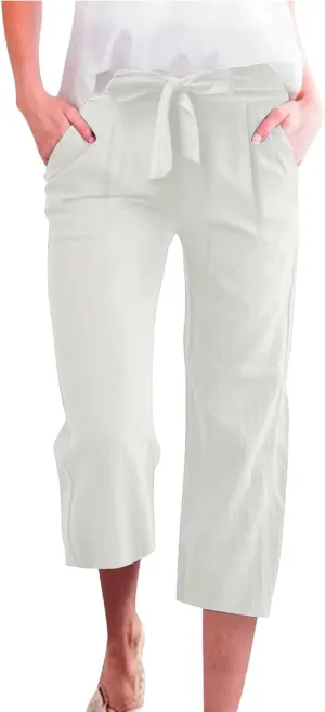 Women's Solid Cotton Linen Straight Capris Summer High Waist Lounge Trousers Comfy Breathable Casual Pants with Ribbon