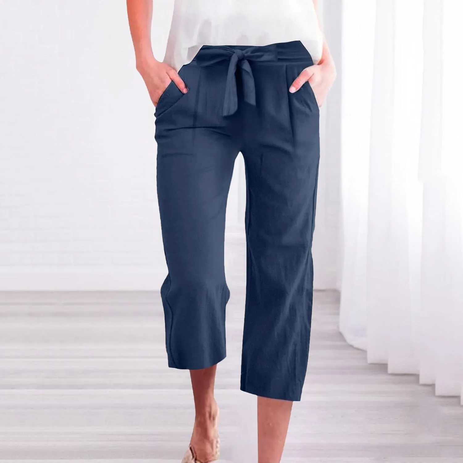 Women's Solid Cotton Linen Straight Capris Summer High Waist Lounge Trousers Comfy Breathable Casual Pants with Ribbon