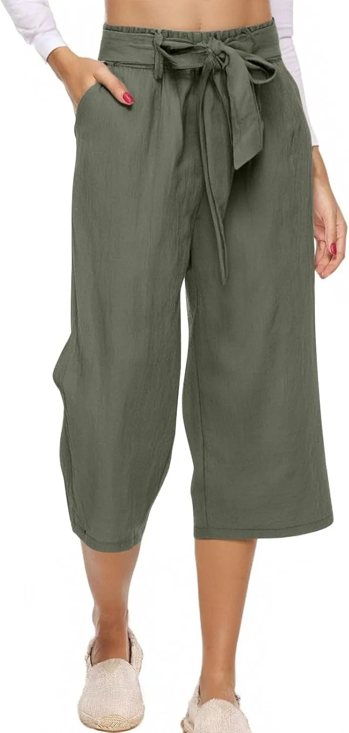 Women's Solid Cotton Linen Straight Capris Summer High Waist Lounge Trousers Comfy Breathable Casual Pants with Ribbon