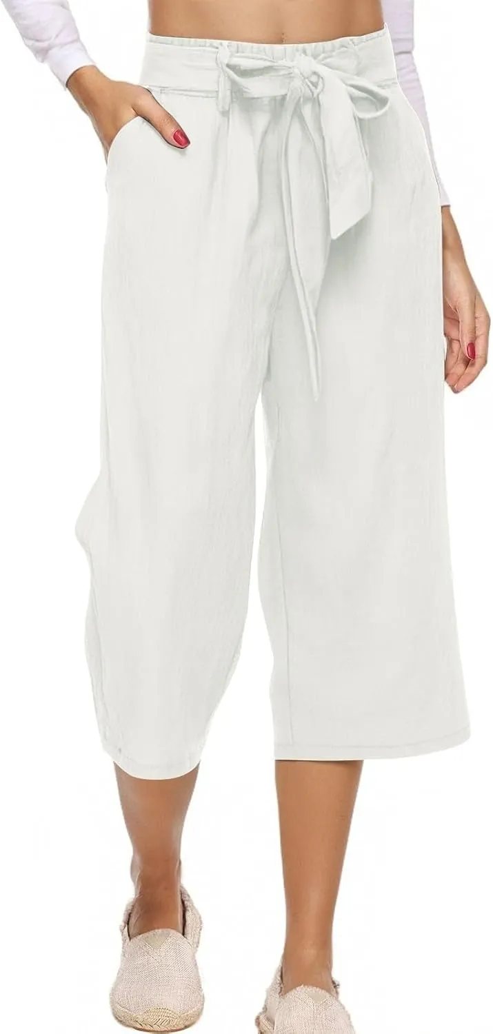 Women's Solid Cotton Linen Straight Capris Summer High Waist Lounge Trousers Comfy Breathable Casual Pants with Ribbon