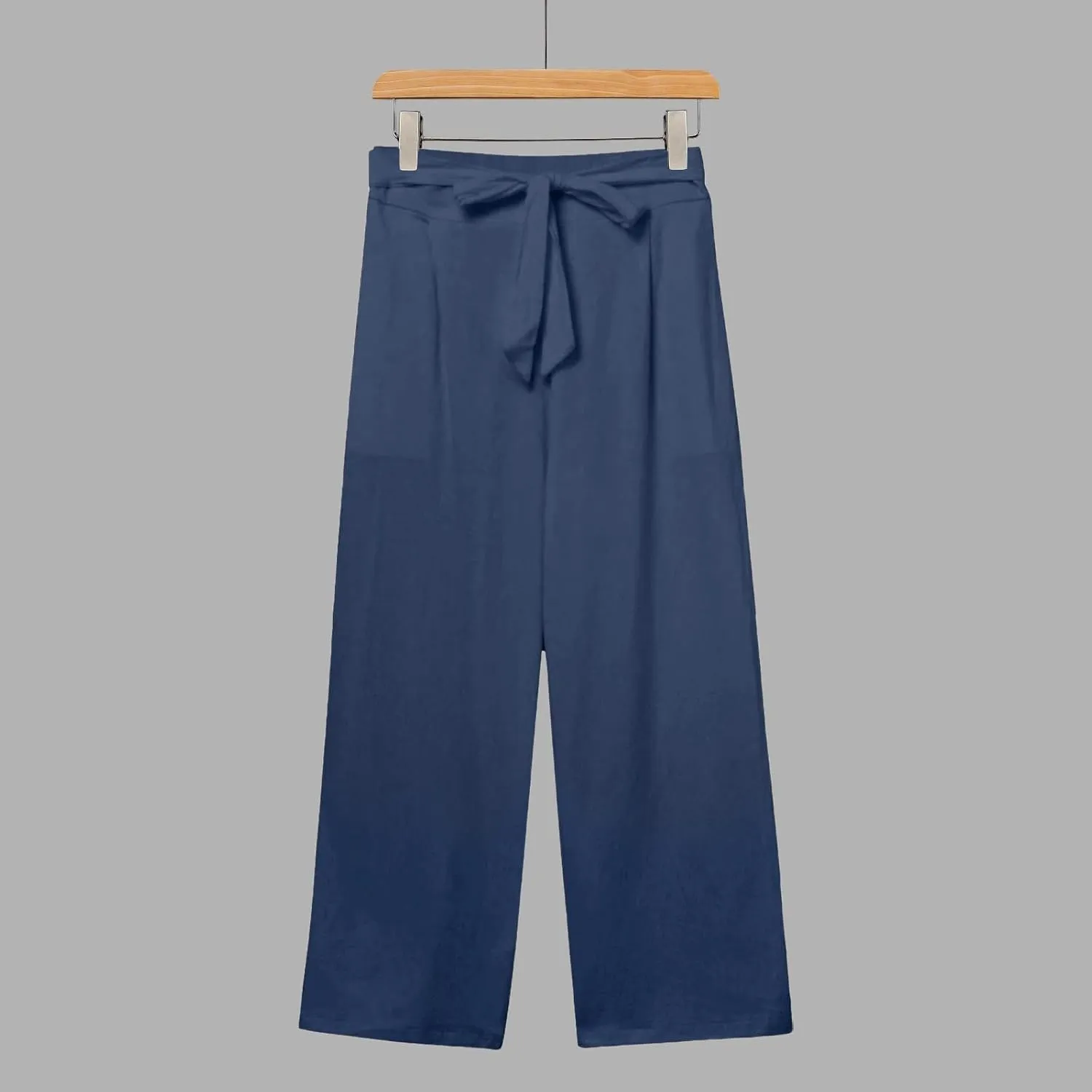 Women's Solid Cotton Linen Straight Capris Summer High Waist Lounge Trousers Comfy Breathable Casual Pants with Ribbon