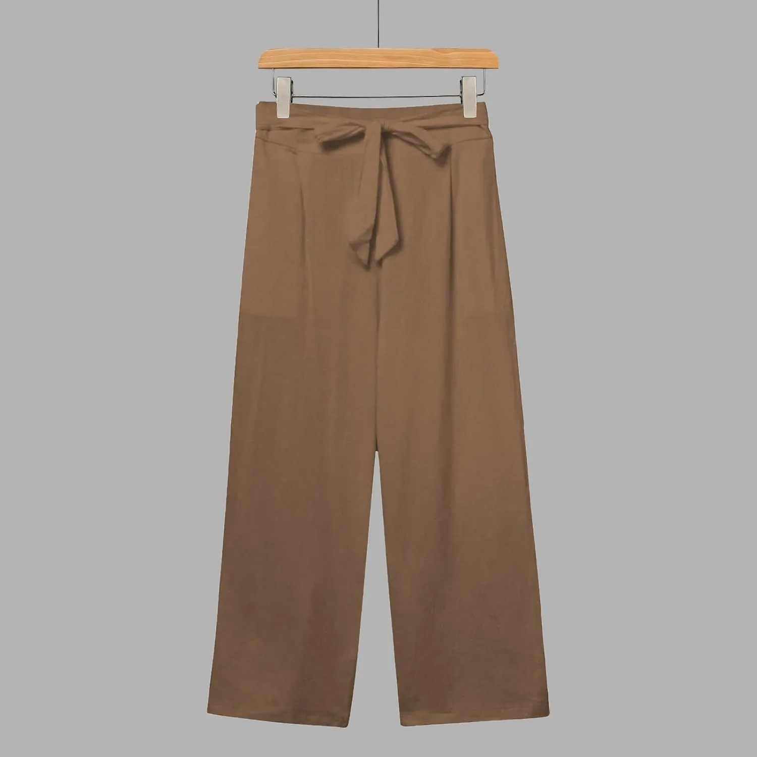 Women's Solid Cotton Linen Straight Capris Summer High Waist Lounge Trousers Comfy Breathable Casual Pants with Ribbon