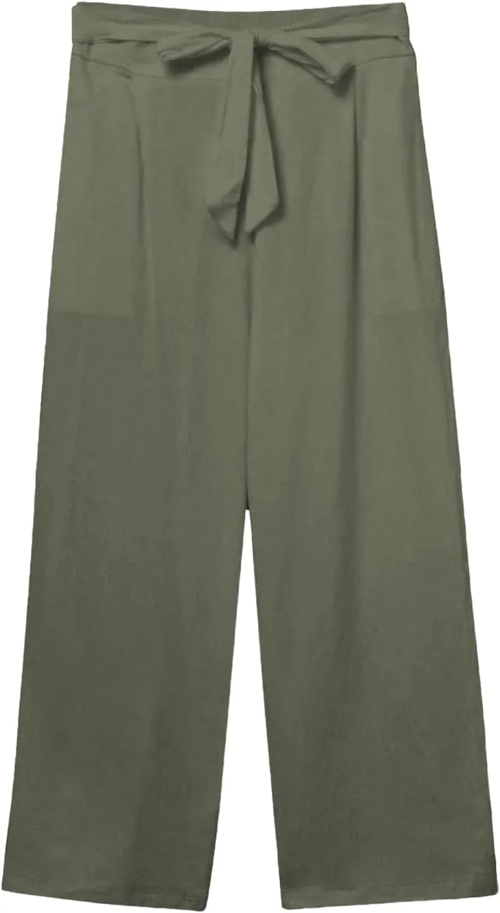 Women's Solid Cotton Linen Straight Capris Summer High Waist Lounge Trousers Comfy Breathable Casual Pants with Ribbon