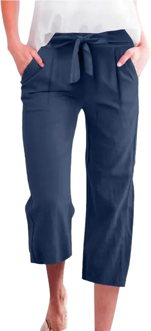 Women's Solid Cotton Linen Straight Capris Summer High Waist Lounge Trousers Comfy Breathable Casual Pants with Ribbon