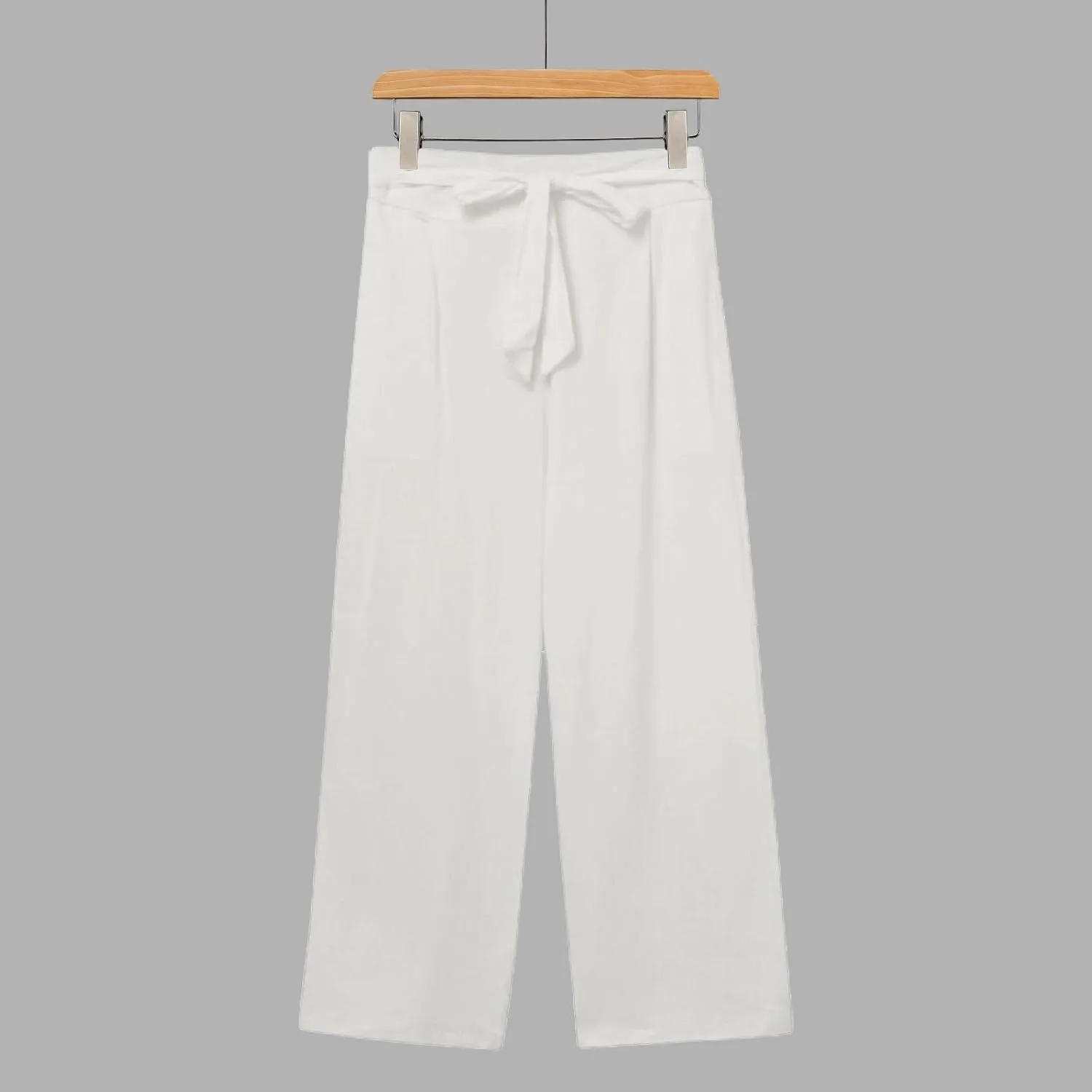 Women's Solid Cotton Linen Straight Capris Summer High Waist Lounge Trousers Comfy Breathable Casual Pants with Ribbon
