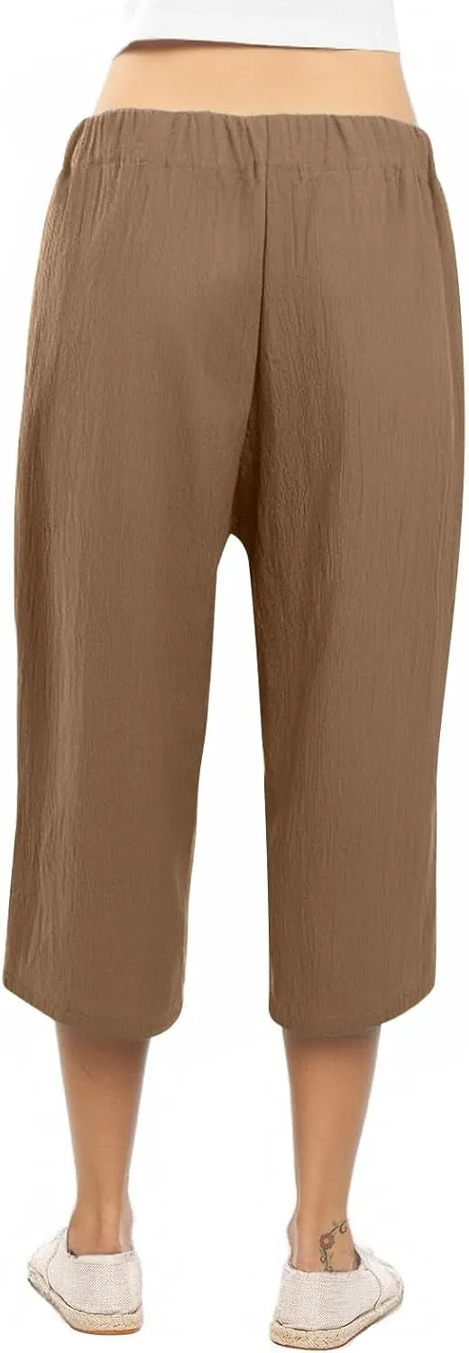 Women's Solid Cotton Linen Straight Capris Summer High Waist Lounge Trousers Comfy Breathable Casual Pants with Ribbon