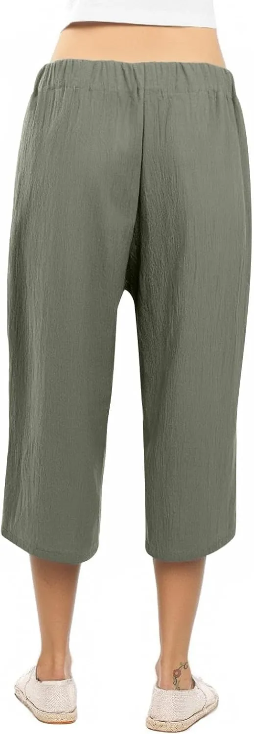 Women's Solid Cotton Linen Straight Capris Summer High Waist Lounge Trousers Comfy Breathable Casual Pants with Ribbon