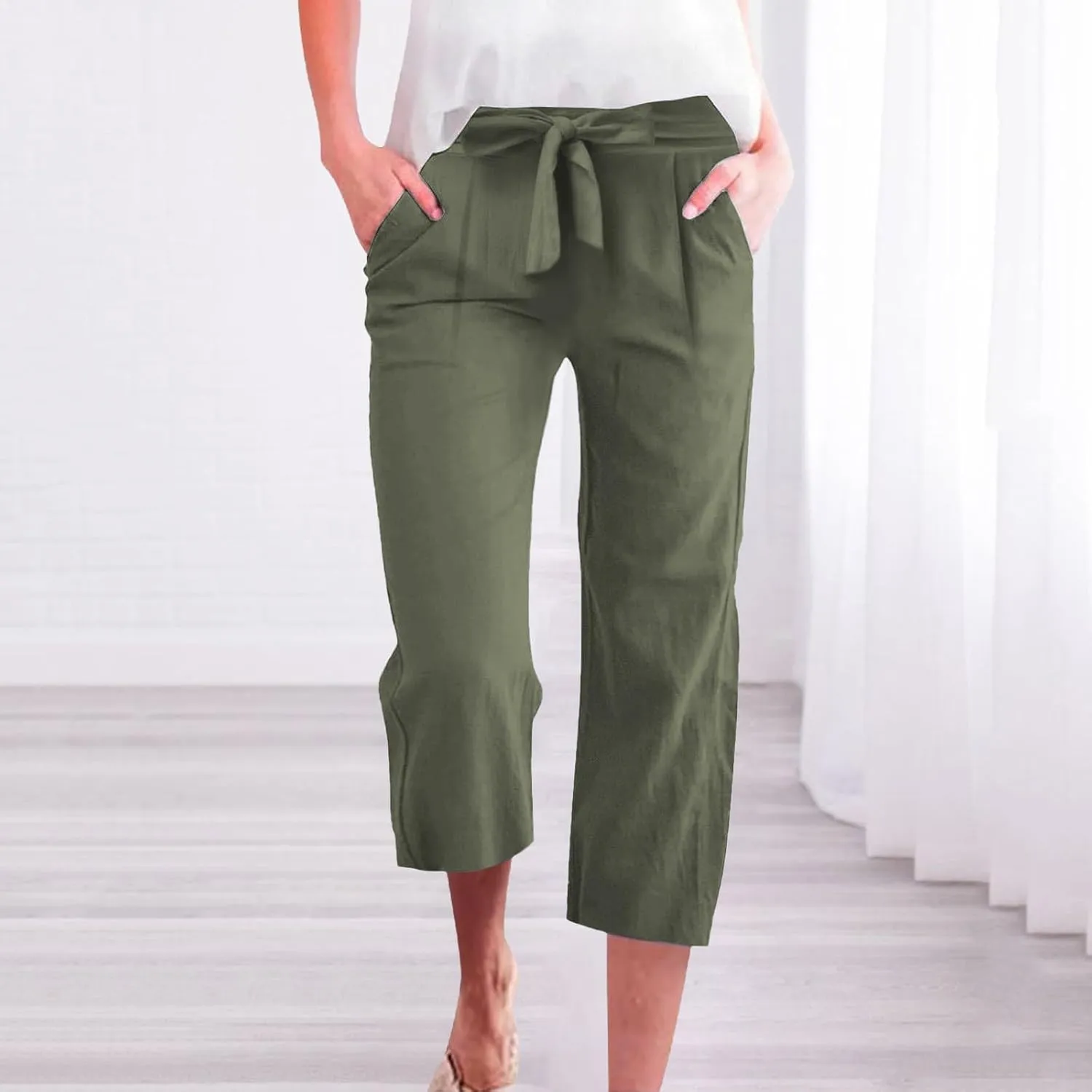 Women's Solid Cotton Linen Straight Capris Summer High Waist Lounge Trousers Comfy Breathable Casual Pants with Ribbon