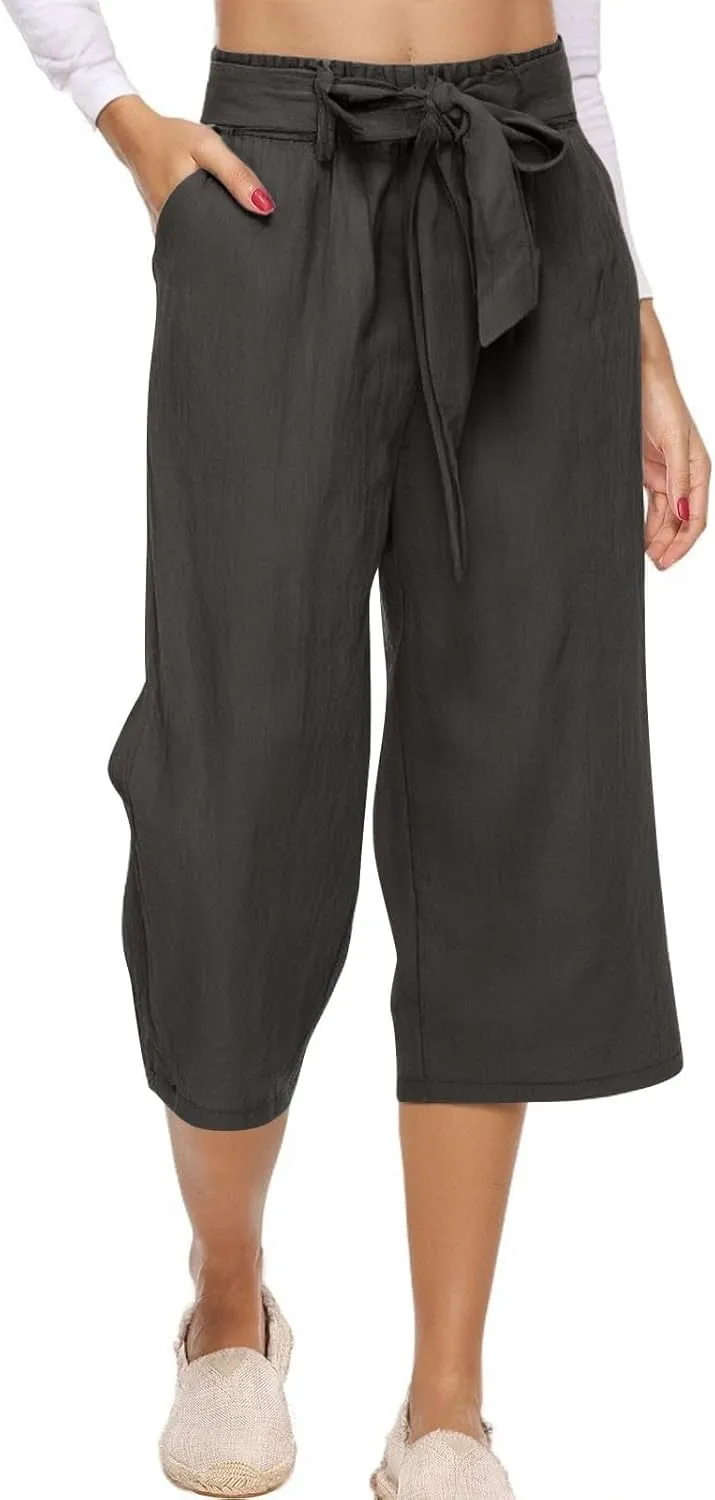 Women's Solid Cotton Linen Straight Capris Summer High Waist Lounge Trousers Comfy Breathable Casual Pants with Ribbon