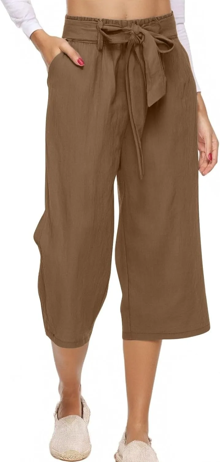 Women's Solid Cotton Linen Straight Capris Summer High Waist Lounge Trousers Comfy Breathable Casual Pants with Ribbon