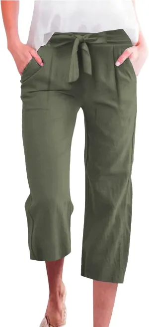 Women's Solid Cotton Linen Straight Capris Summer High Waist Lounge Trousers Comfy Breathable Casual Pants with Ribbon