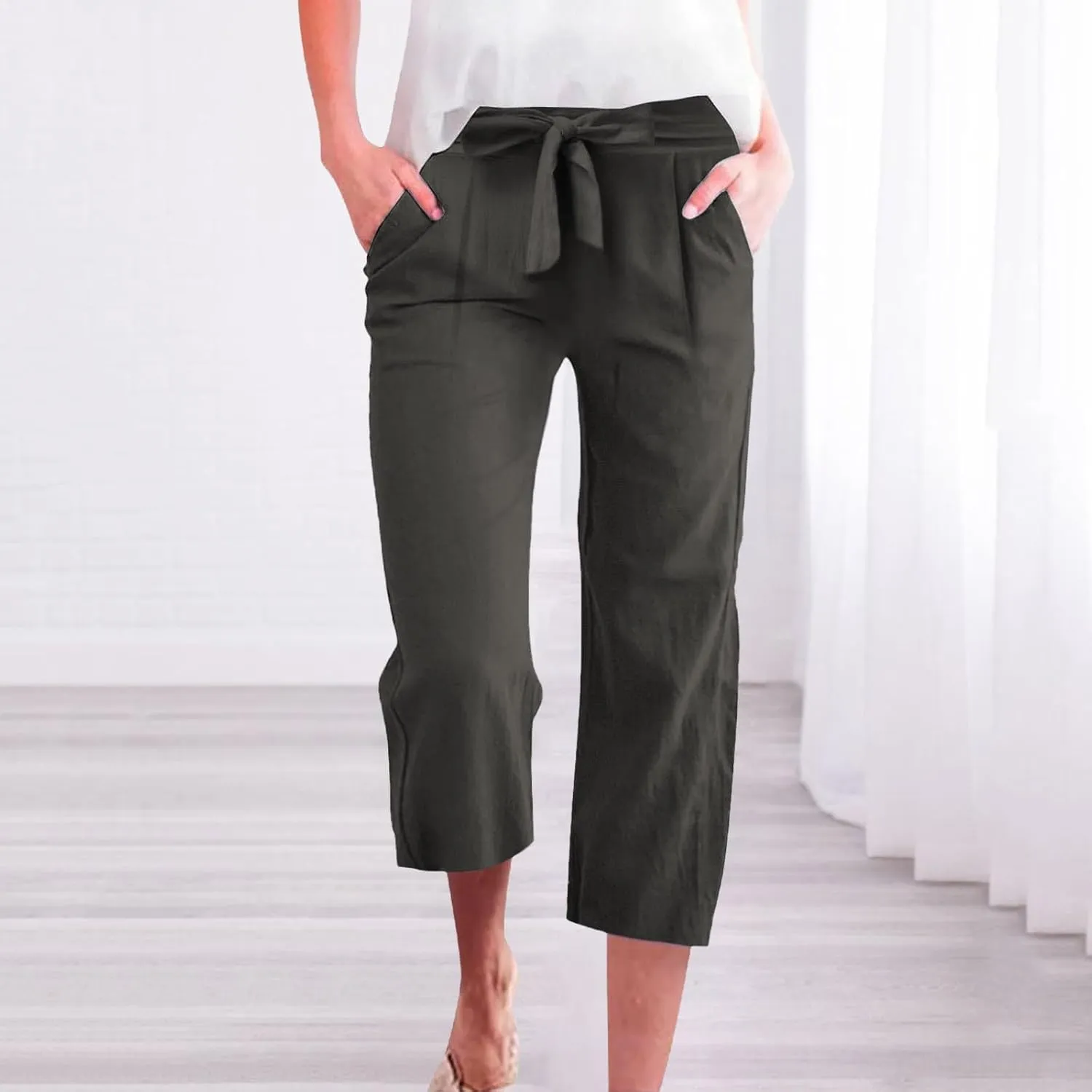 Women's Solid Cotton Linen Straight Capris Summer High Waist Lounge Trousers Comfy Breathable Casual Pants with Ribbon