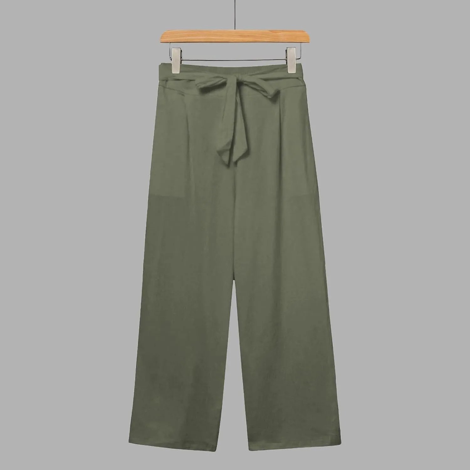 Women's Solid Cotton Linen Straight Capris Summer High Waist Lounge Trousers Comfy Breathable Casual Pants with Ribbon