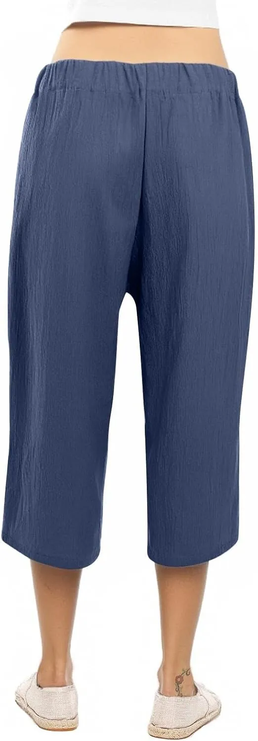 Women's Solid Cotton Linen Straight Capris Summer High Waist Lounge Trousers Comfy Breathable Casual Pants with Ribbon