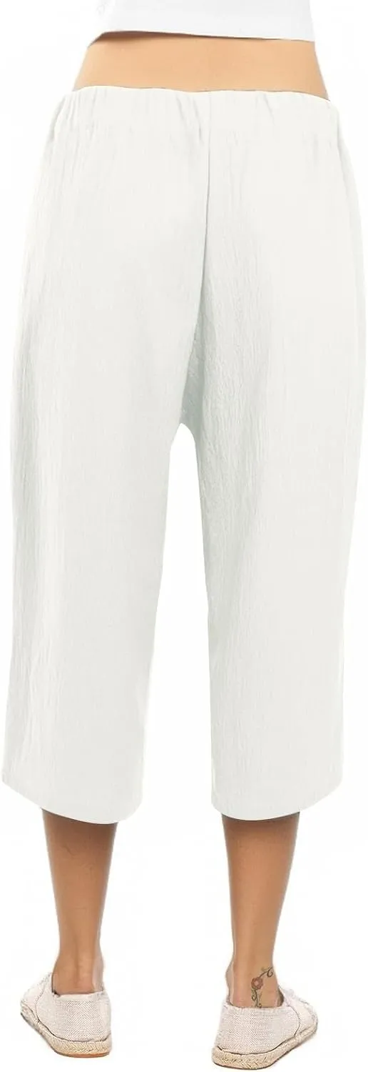 Women's Solid Cotton Linen Straight Capris Summer High Waist Lounge Trousers Comfy Breathable Casual Pants with Ribbon