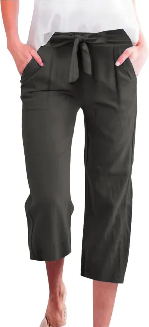 Women's Solid Cotton Linen Straight Capris Summer High Waist Lounge Trousers Comfy Breathable Casual Pants with Ribbon