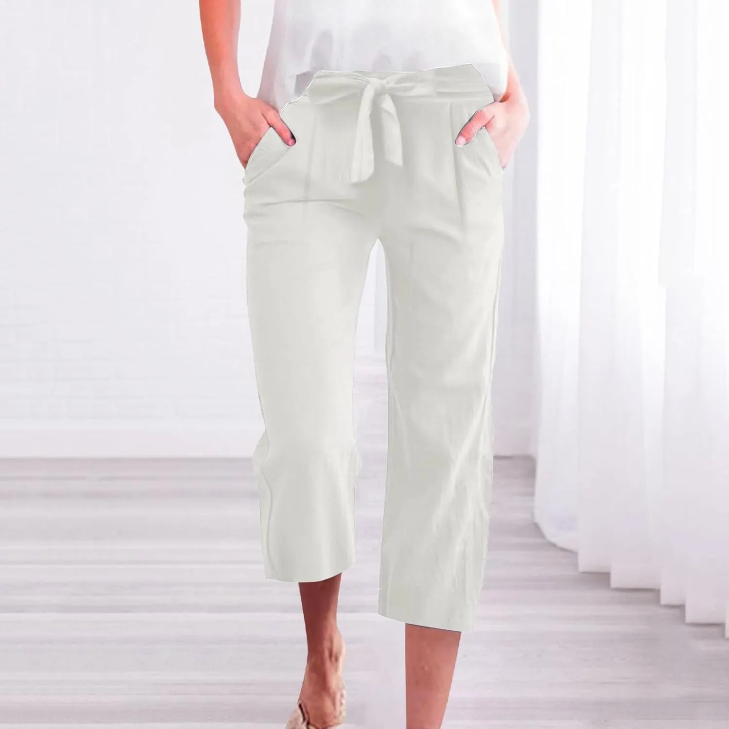 Women's Solid Cotton Linen Straight Capris Summer High Waist Lounge Trousers Comfy Breathable Casual Pants with Ribbon