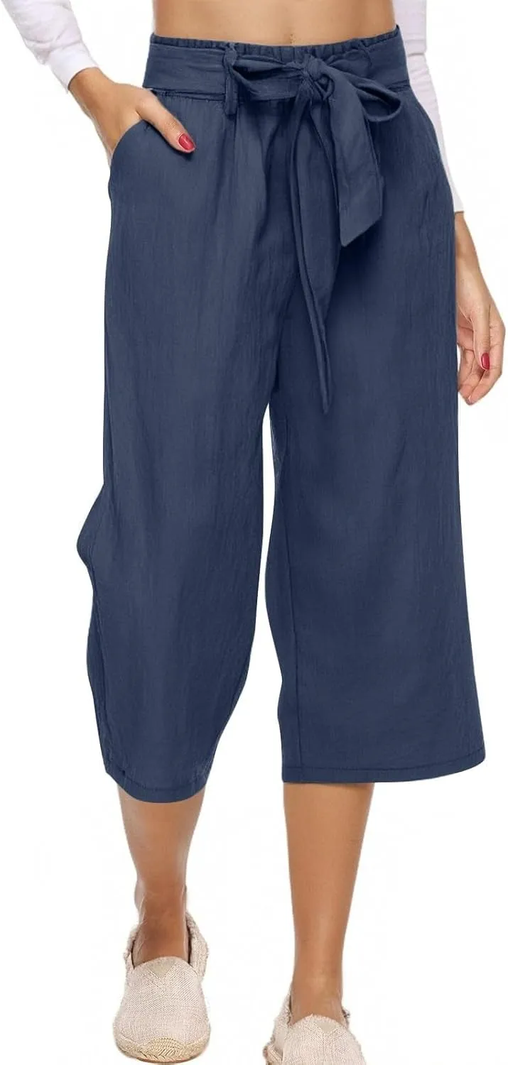 Women's Solid Cotton Linen Straight Capris Summer High Waist Lounge Trousers Comfy Breathable Casual Pants with Ribbon