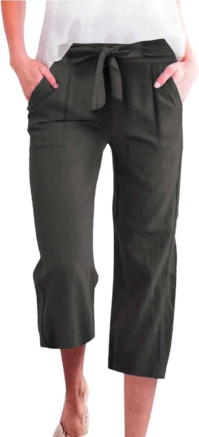 Women's Solid Cotton Linen Straight Capris Summer High Waist Lounge Trousers Comfy Breathable Casual Pants with Ribbon