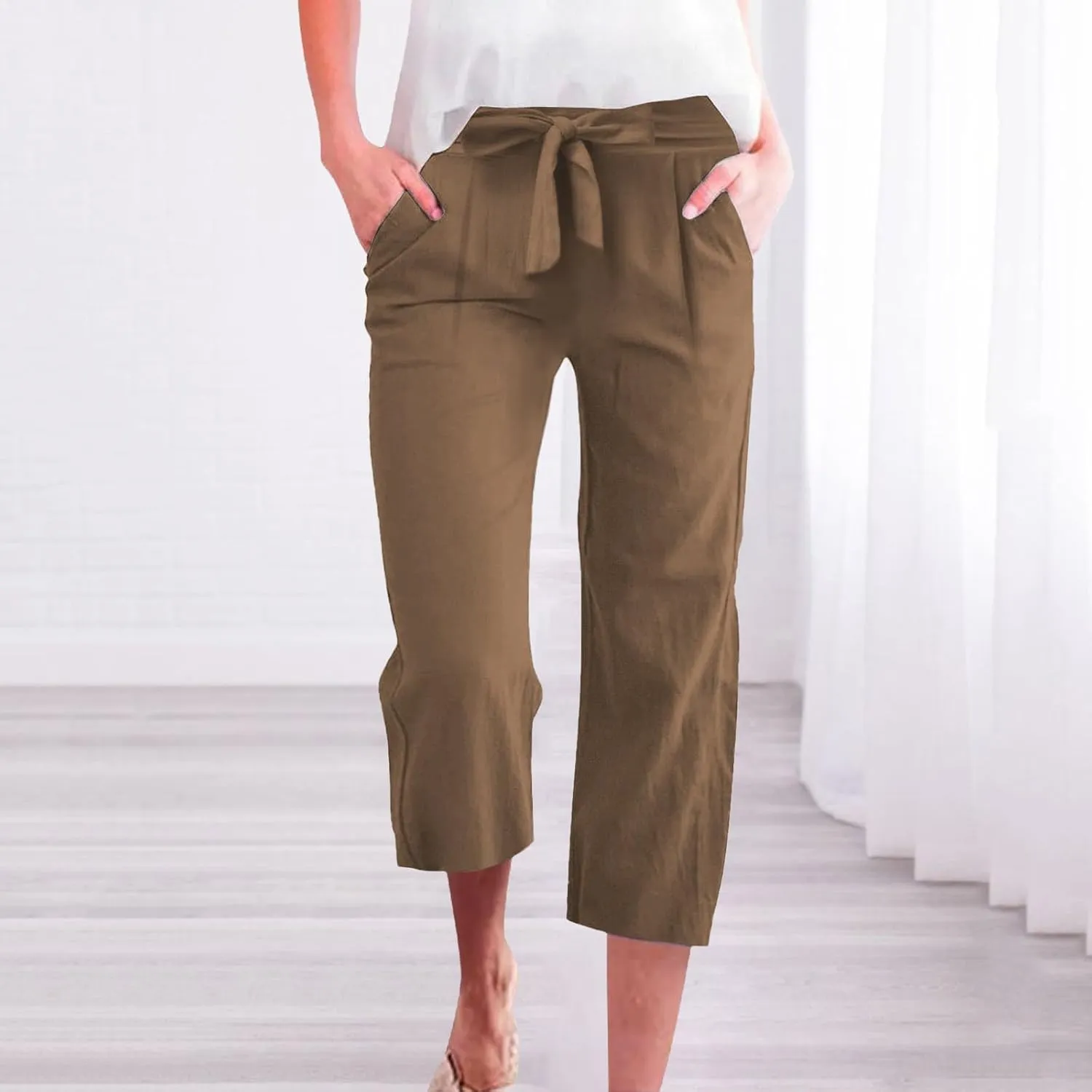 Women's Solid Cotton Linen Straight Capris Summer High Waist Lounge Trousers Comfy Breathable Casual Pants with Ribbon