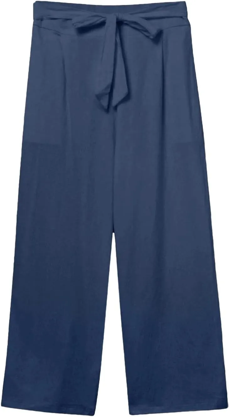 Women's Solid Cotton Linen Straight Capris Summer High Waist Lounge Trousers Comfy Breathable Casual Pants with Ribbon