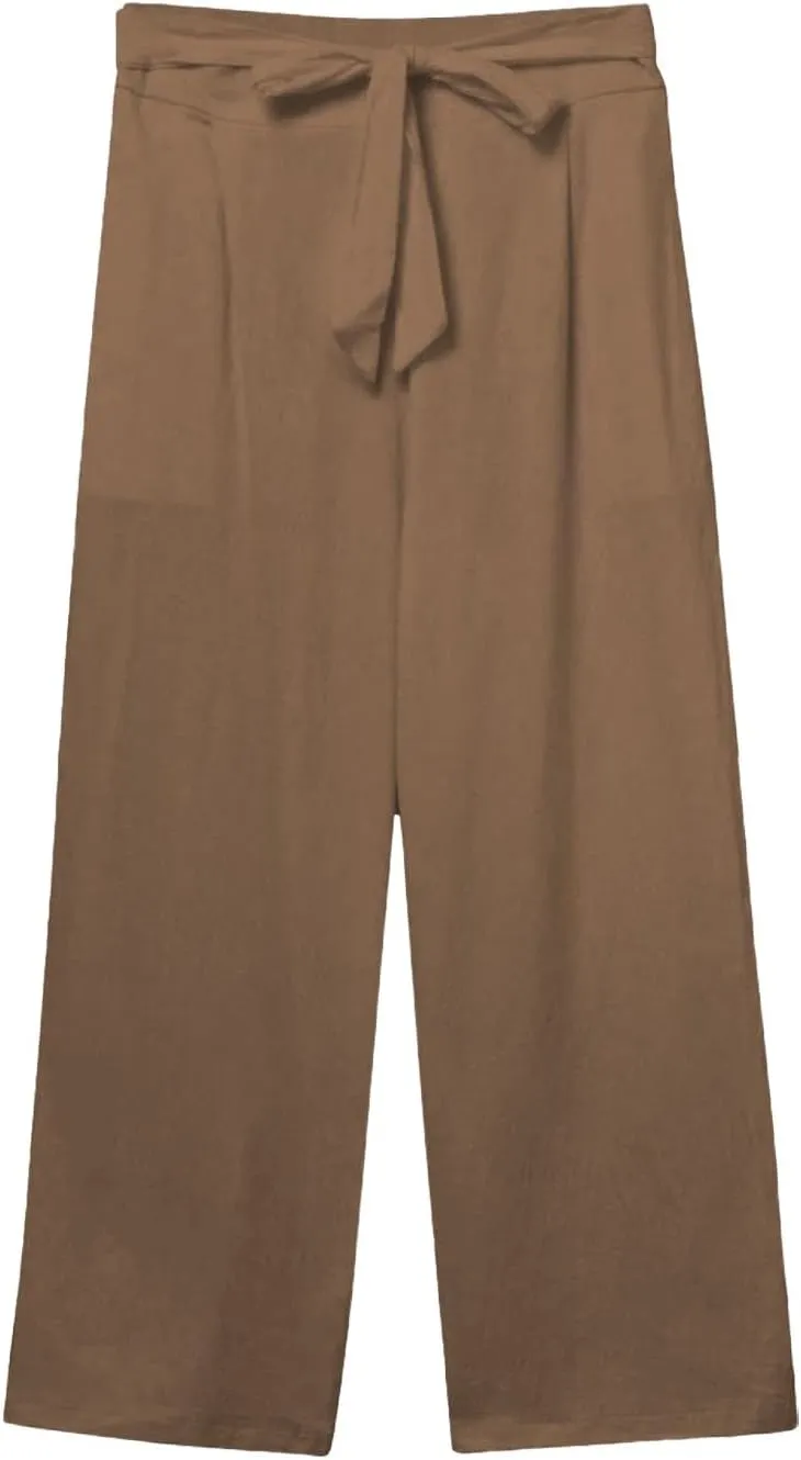 Women's Solid Cotton Linen Straight Capris Summer High Waist Lounge Trousers Comfy Breathable Casual Pants with Ribbon