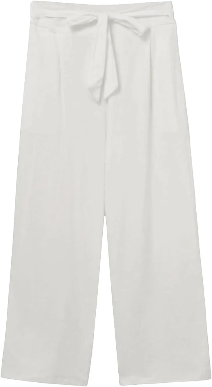 Women's Solid Cotton Linen Straight Capris Summer High Waist Lounge Trousers Comfy Breathable Casual Pants with Ribbon