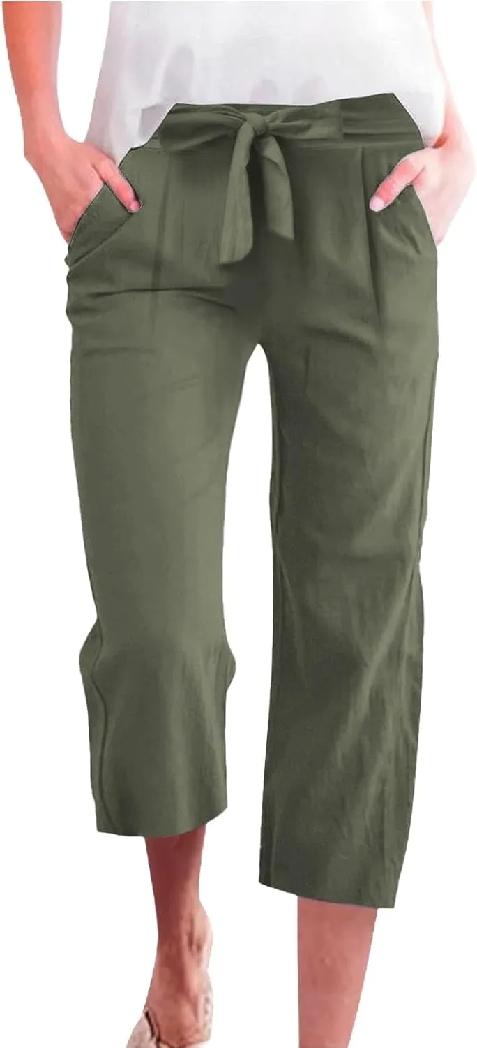 Women's Solid Cotton Linen Straight Capris Summer High Waist Lounge Trousers Comfy Breathable Casual Pants with Ribbon