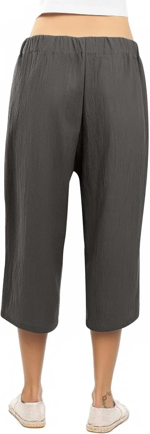Women's Solid Cotton Linen Straight Capris Summer High Waist Lounge Trousers Comfy Breathable Casual Pants with Ribbon