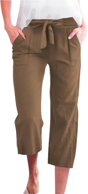 Women's Solid Cotton Linen Straight Capris Summer High Waist Lounge Trousers Comfy Breathable Casual Pants with Ribbon