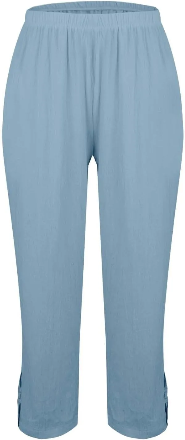 Women's Solid Cotton Linen Straight Pants High Waist Lounge Trouser Breathable Comfy Trousers for Casual Summer School