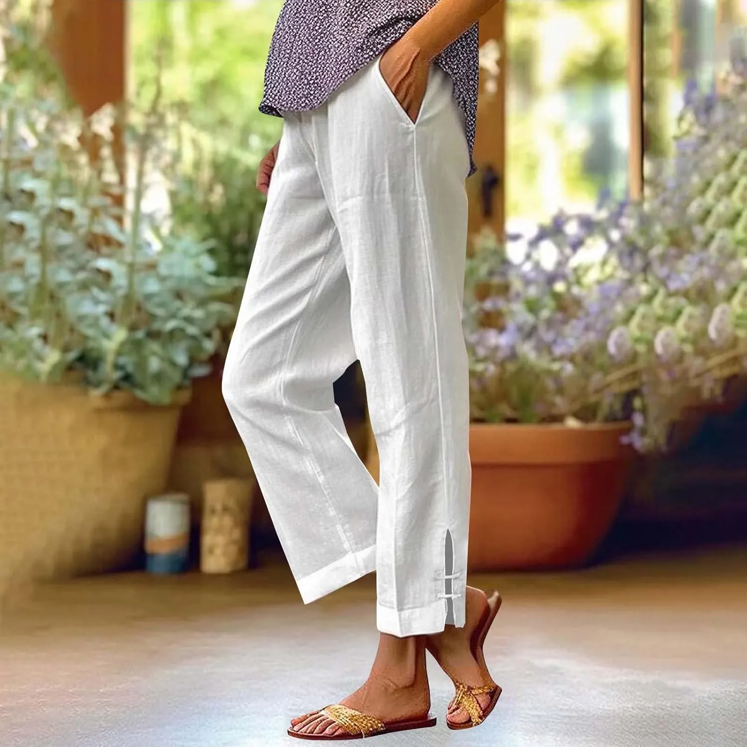 Women's Solid Cotton Linen Straight Pants High Waist Lounge Trouser Breathable Comfy Trousers for Casual Summer School
