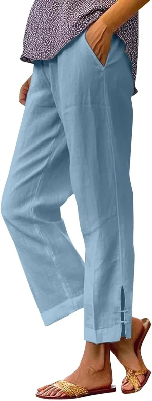 Women's Solid Cotton Linen Straight Pants High Waist Lounge Trouser Breathable Comfy Trousers for Casual Summer School