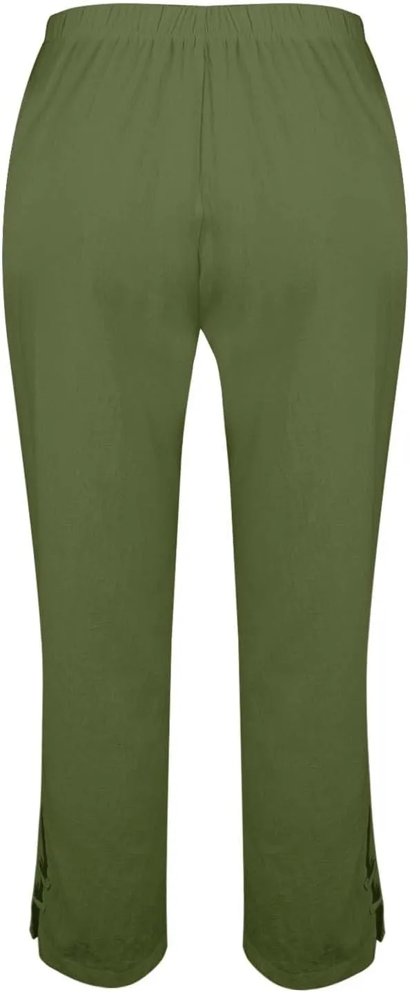 Women's Solid Cotton Linen Straight Pants High Waist Lounge Trouser Breathable Comfy Trousers for Casual Summer School